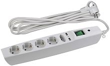 Сетевой фильтр с заземлением ЭРА SFU-5es-2m-W 5-м+2USB тип A+A 2,0м 10А 2200В белый картинка 